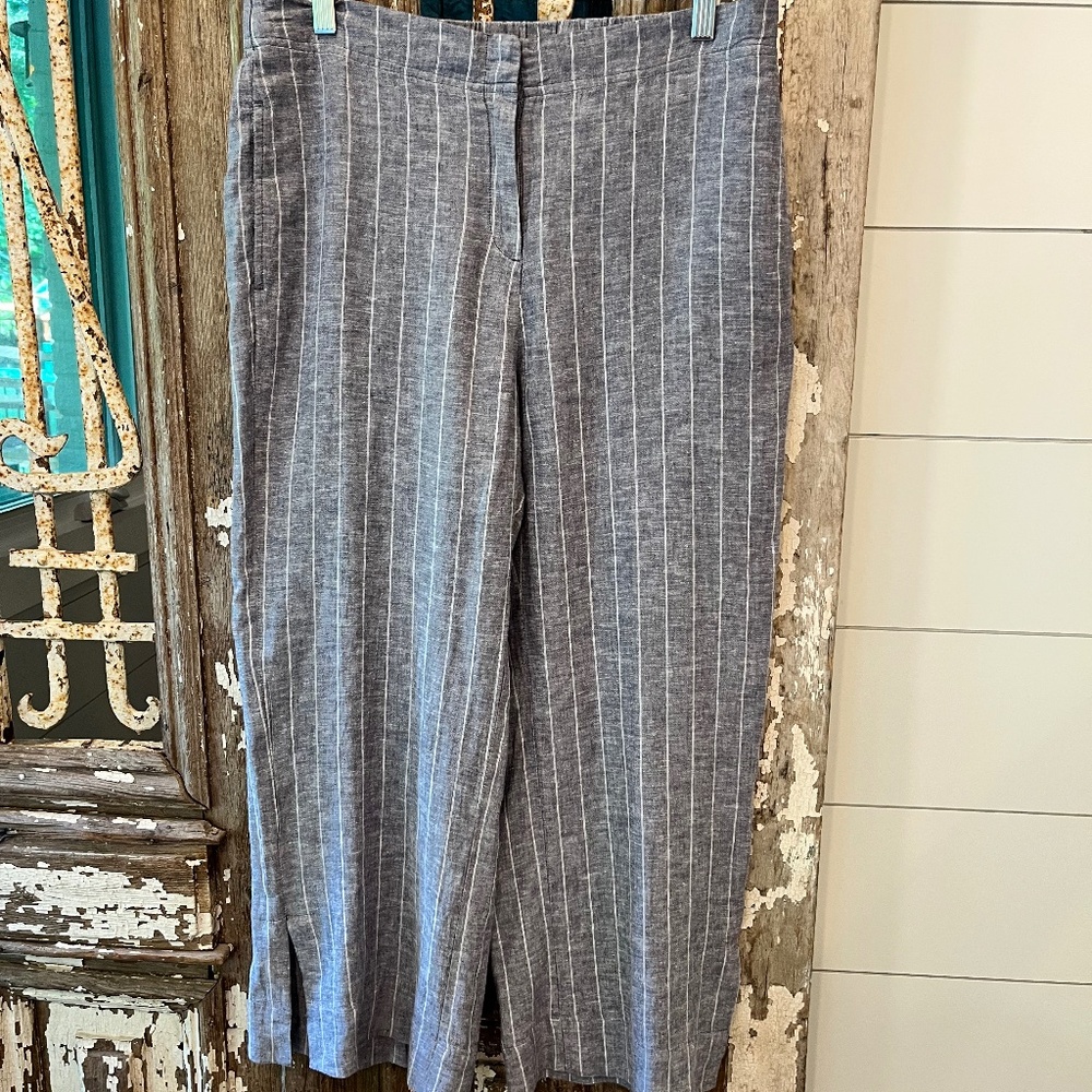 Nic+Zoe Wide Leg Organic Linen Ankle Pants, Gray/White - Sz 10 - EXC COND